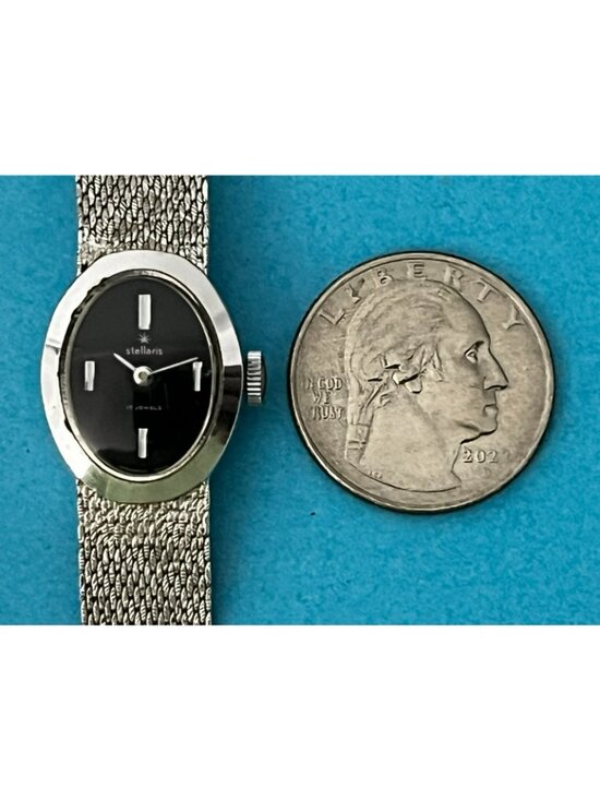 Vintage Stellaris Watch Women Silver Tone Oval Dial 17J  w mesh band manual main image 9
